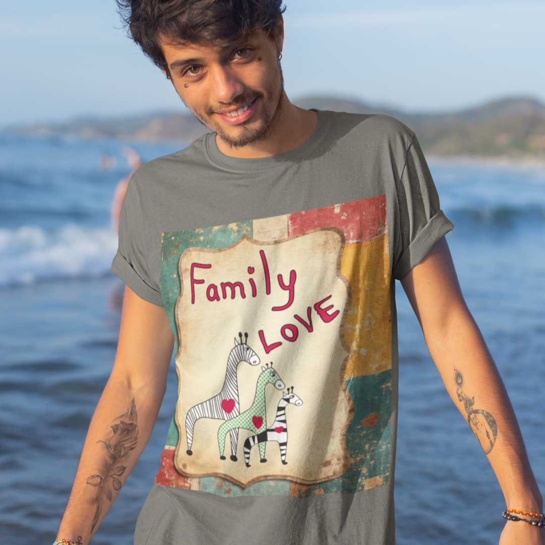 Man wearing a t-shirt with 'Family Love' design on a beach
