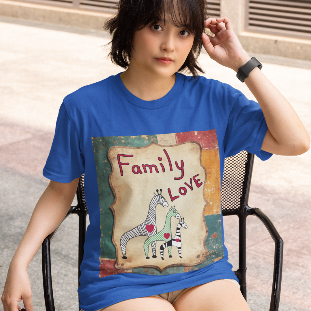 Person wearing a blue t-shirt with 'Family Love' design featuring zebras.