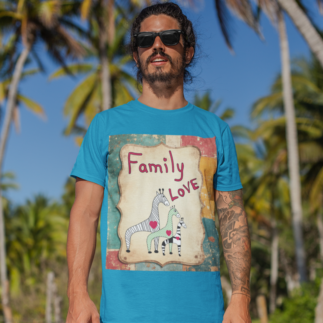 Man wearing a blue t-shirt with a graphic design of two zebras and the text 'Family Love' against a tropical background.