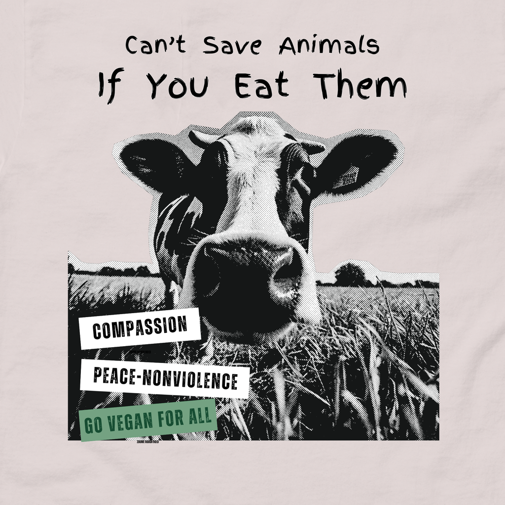 Cow in a field with a message: Can't save animals of you eat them. 倡导素食主义