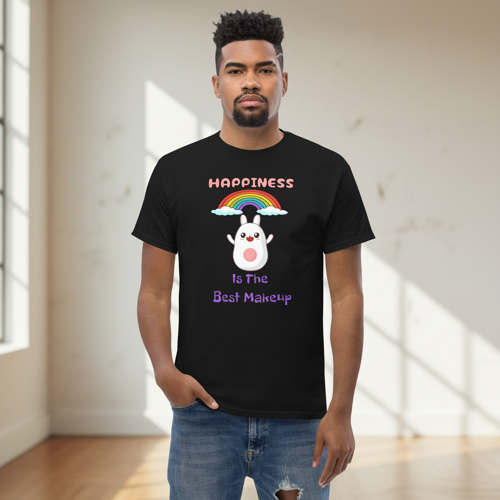 Person wearing black Happiness Is The Best Makeup unisex t-shirt - lifestyle hero image