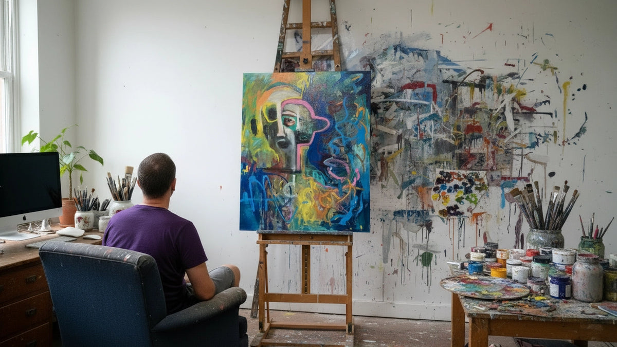 Attist Ken Law sitting in a chair facing a colorful abstract portrait painting on an easel in a creative studio, with a paint-splattered wall and art supplies in the background.
