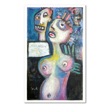 Abstract painting of a nude figure with colorful faces and text on a white background