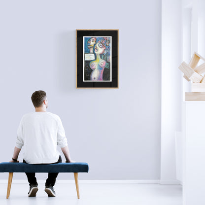 Person sitting on a bench looking at a colorful painting of abstract figures on a white wall.