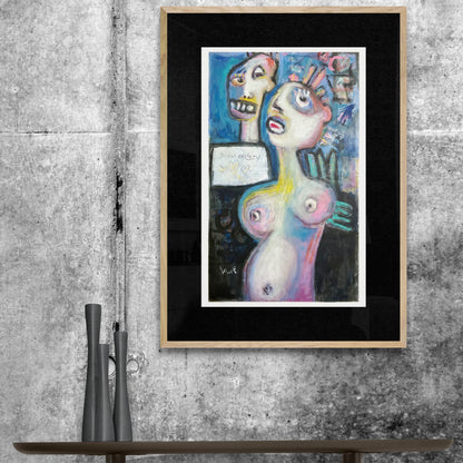 Framed abstract artwork on a textured wall