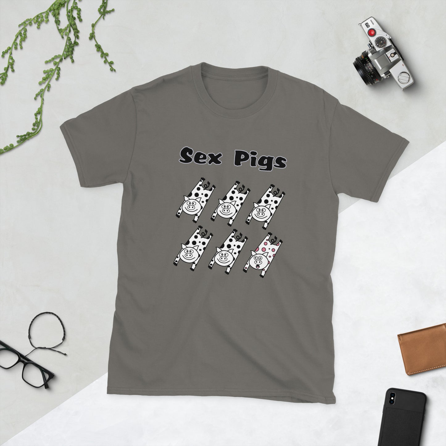 Gray t-shirt with 'Sex Pigs' graphic design on a light gray background