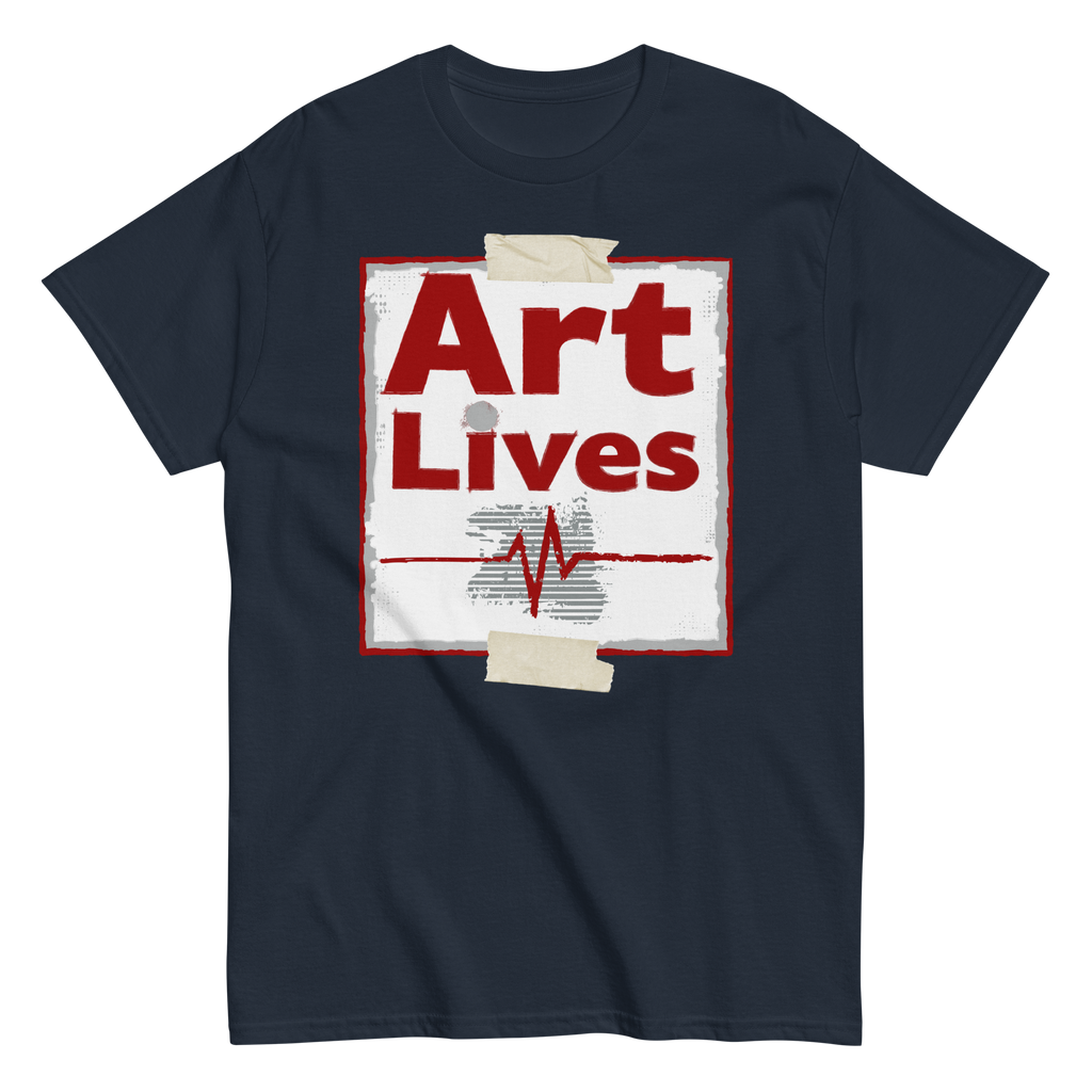Flat lay of navy unisex t-shirt with cardiograph heartbeat design - Art Lives by Ken Law ArtProduct mockup