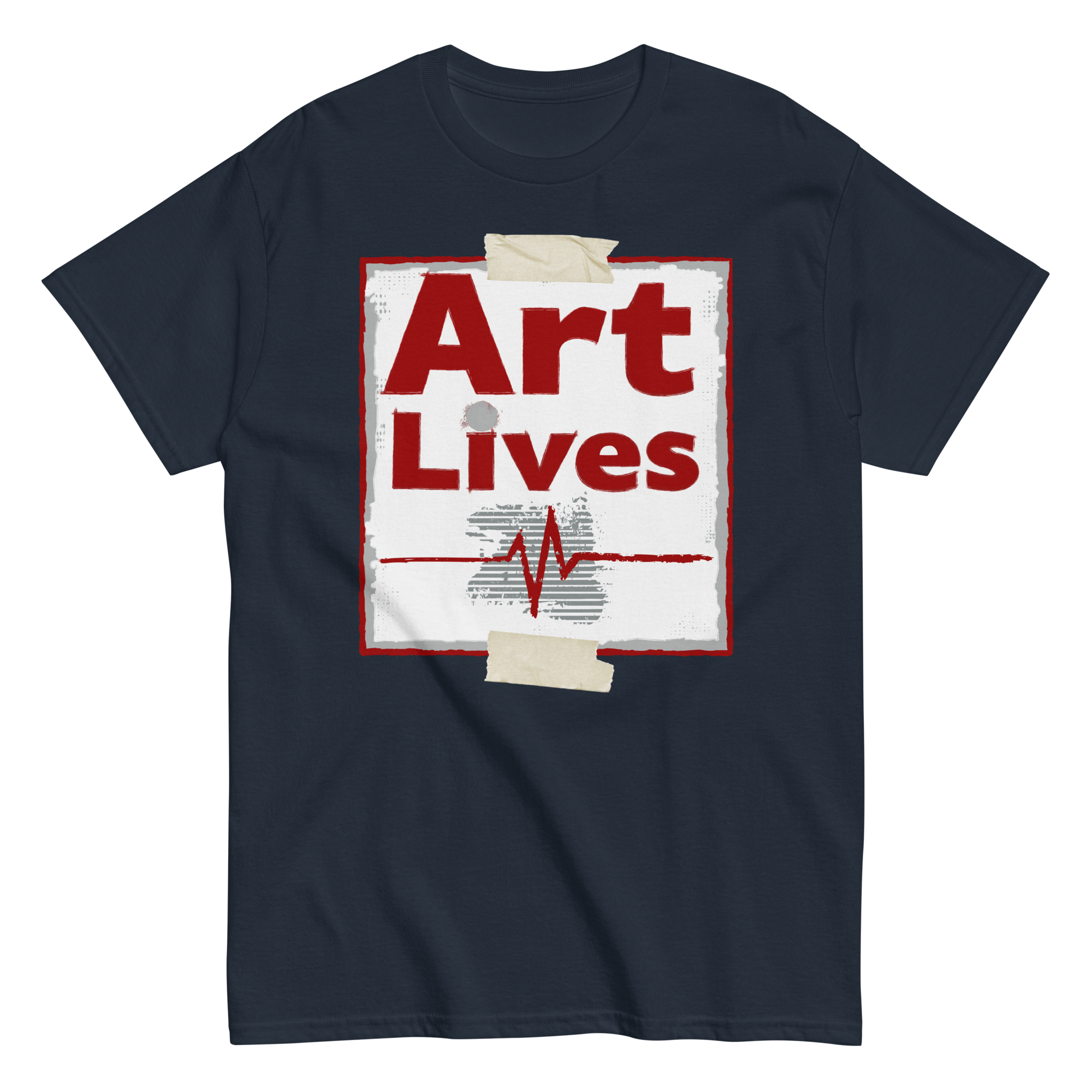 Flat lay of navy unisex t-shirt with cardiograph heartbeat design - Art Lives by Ken Law ArtProduct mockup