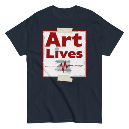 Flat lay of navy unisex t-shirt with cardiograph heartbeat design - Art Lives by Ken Law ArtProduct mockup