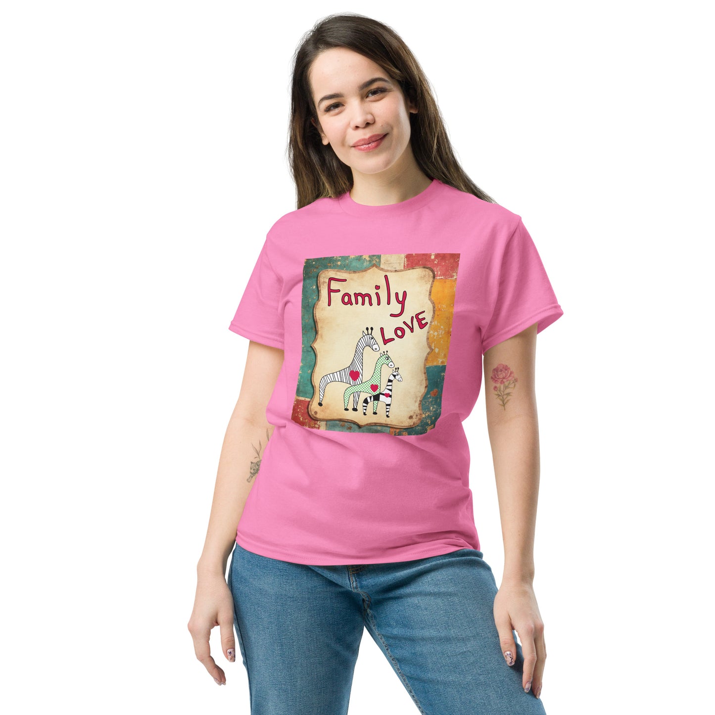 Woman wearing a pink t-shirt with a graphic design and text on a white background