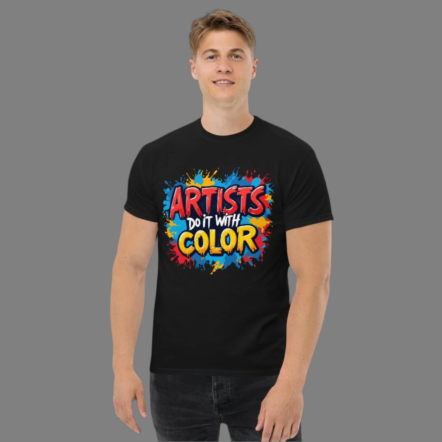 Person wearing a black t-shirt with colorful text design on a white background