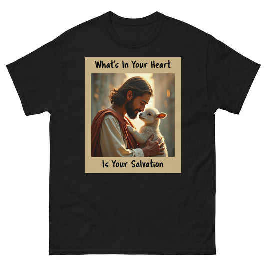Black t-shirt with a graphic of Jesus holding a lamb and text on a white background