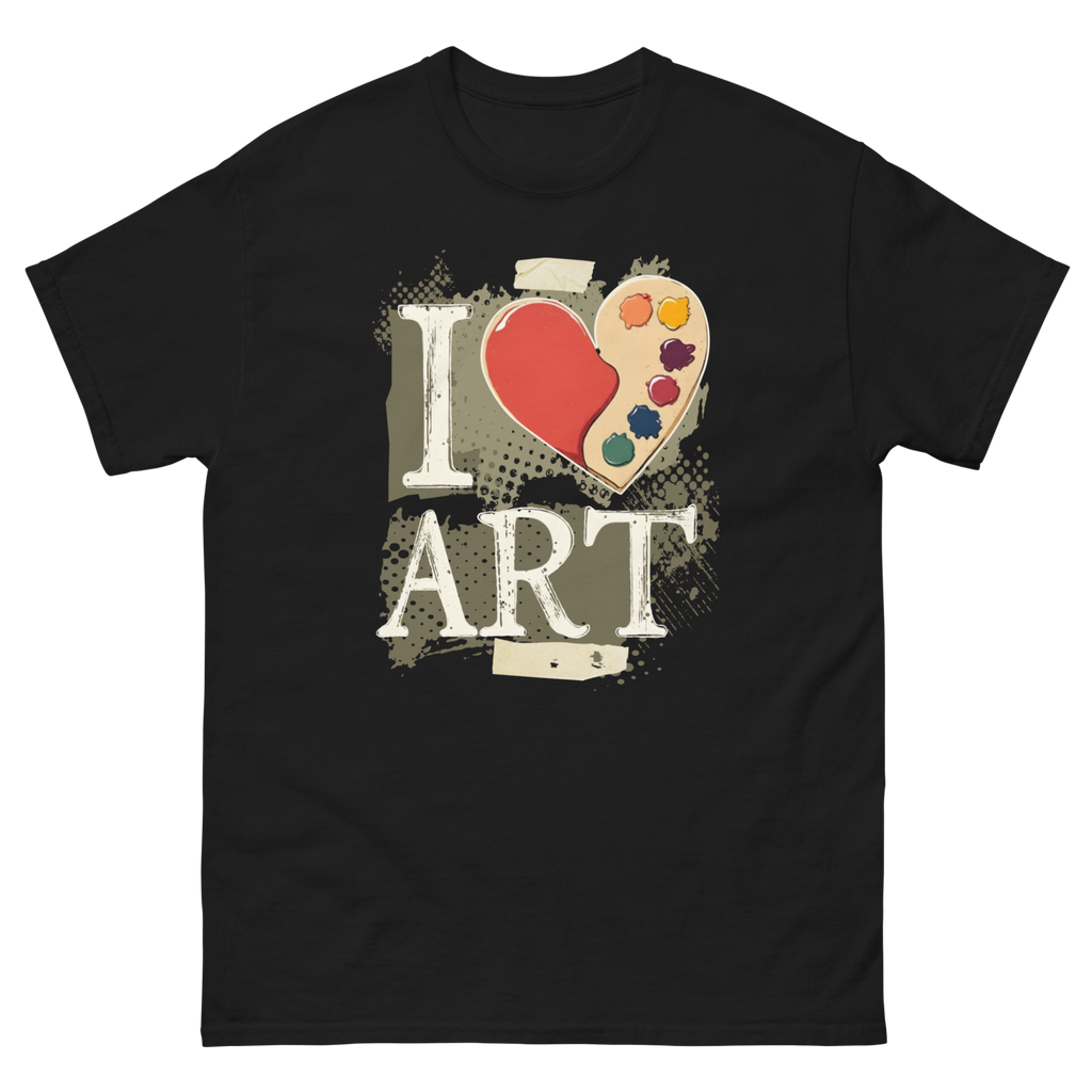 Black unisex tee with heart-shaped artist's palette taped with masking tape graphic - I Love Art by Ken Law Art