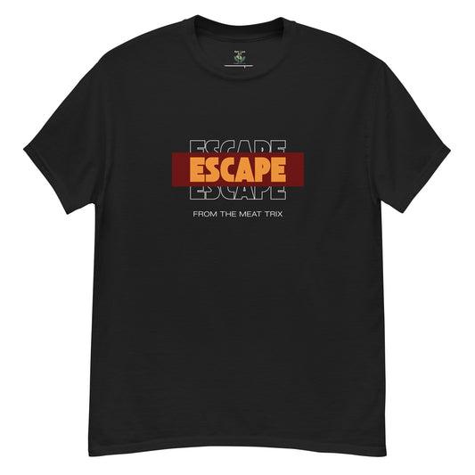 unisex classic tee black front flat lay with Escape from the meat trix