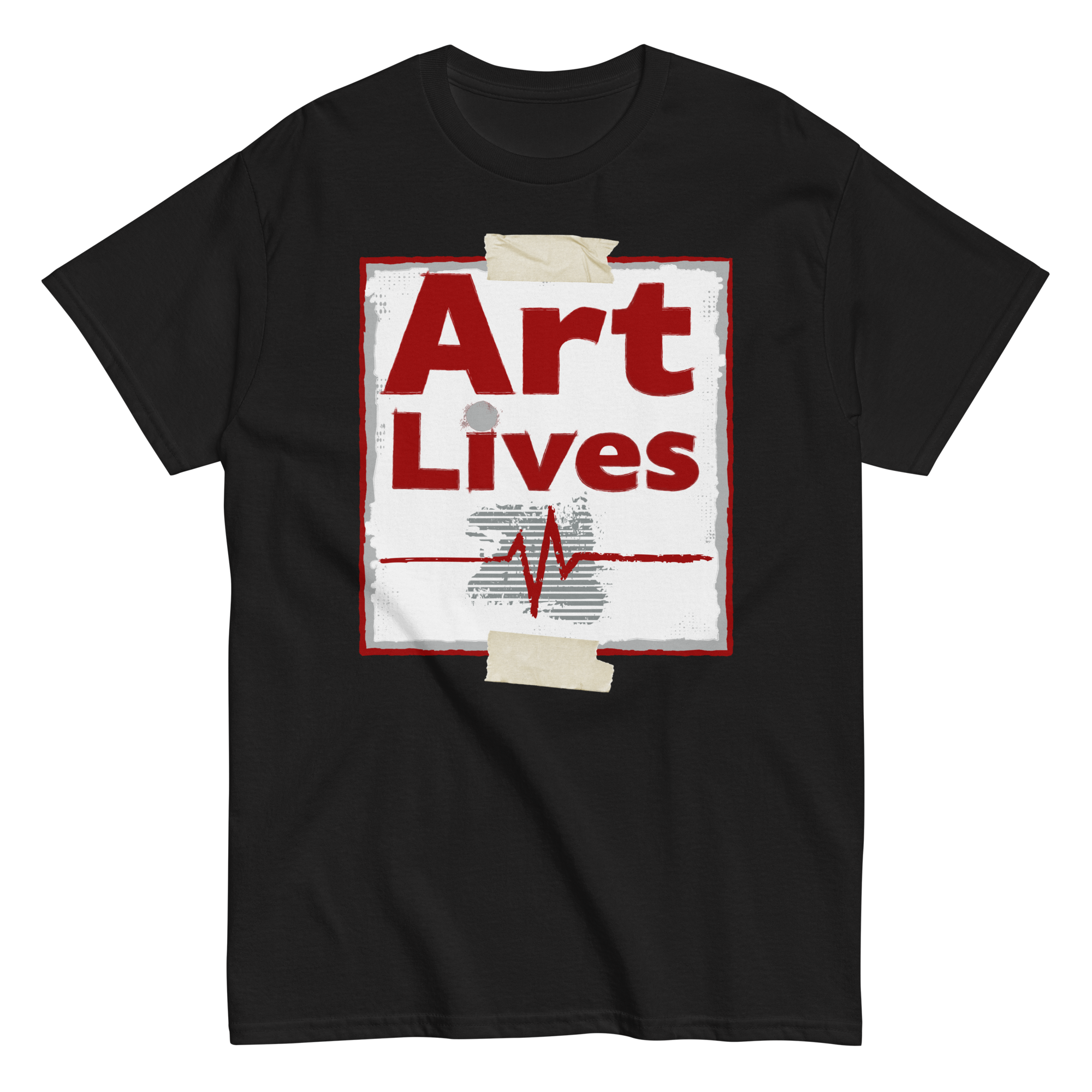 Flat lay of black unisex tee with cardiograph heartbeat design - Art Lives by Ken Law Art