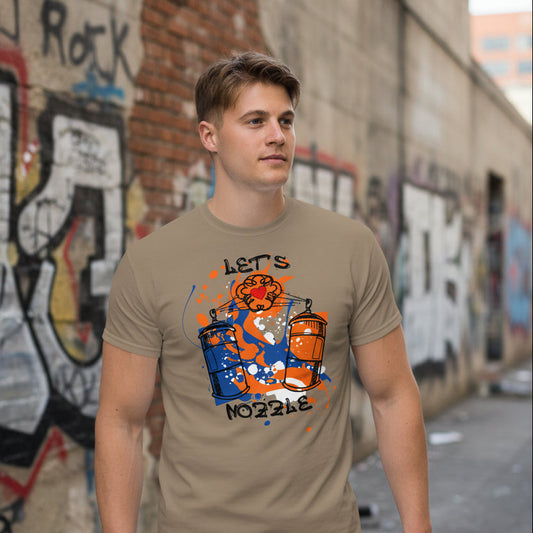 a young handsome man wearing a tan t-shirt with let's nozzle