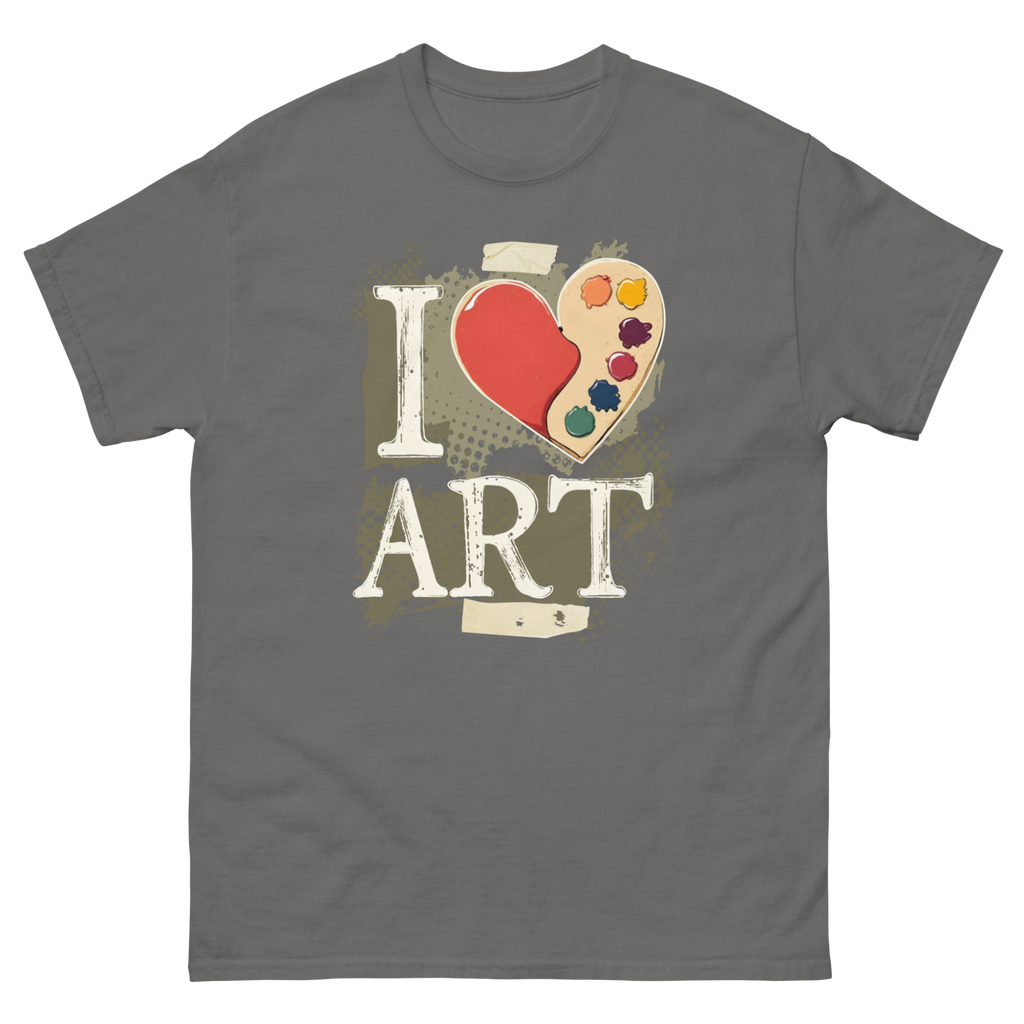 Charcoal unisex tee with heart-shaped artist's palette taped with masking tape graphic - I Love Art by Ken Law Art