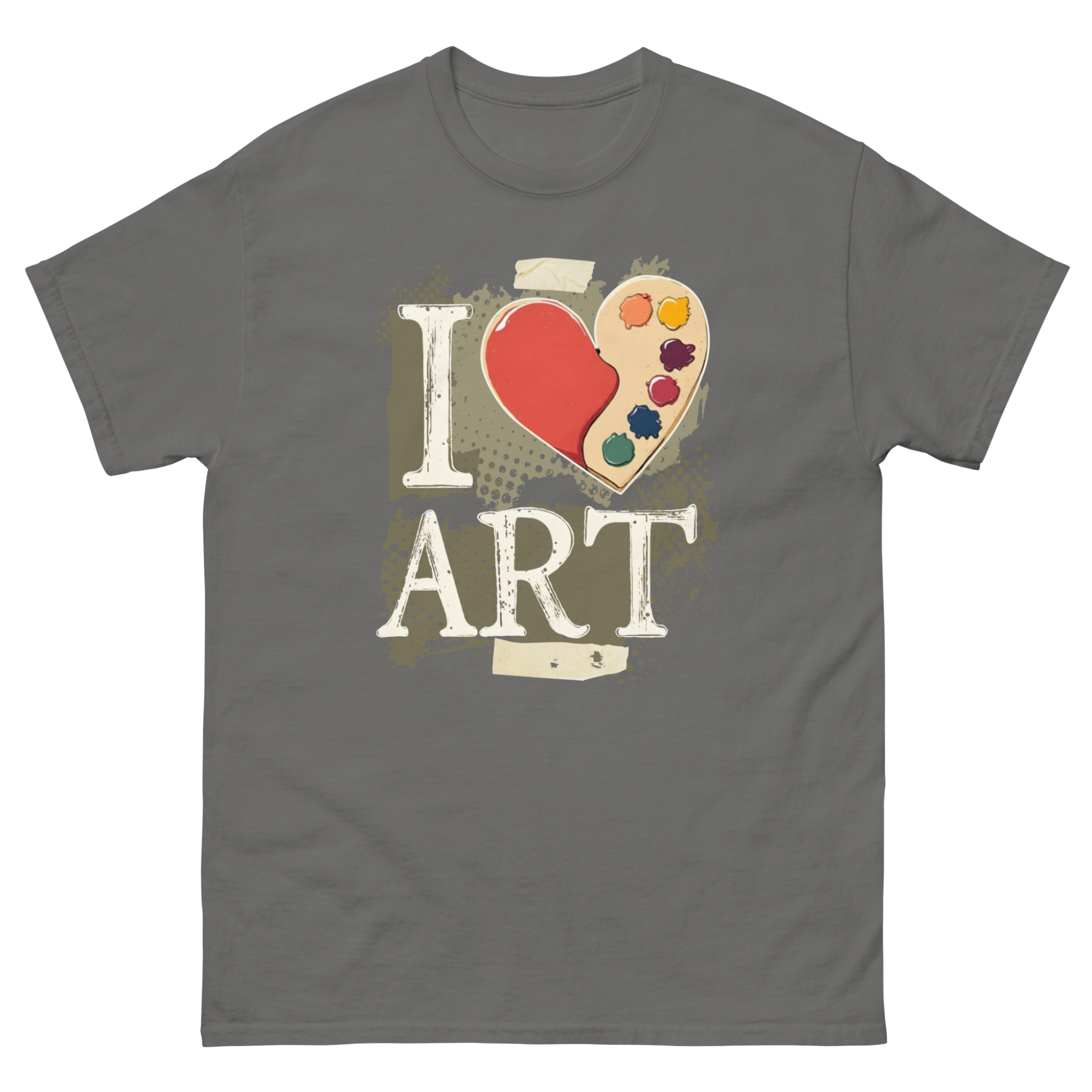 Charcoal unisex tee with heart-shaped artist's palette taped with masking tape graphic - I Love Art by Ken Law Art