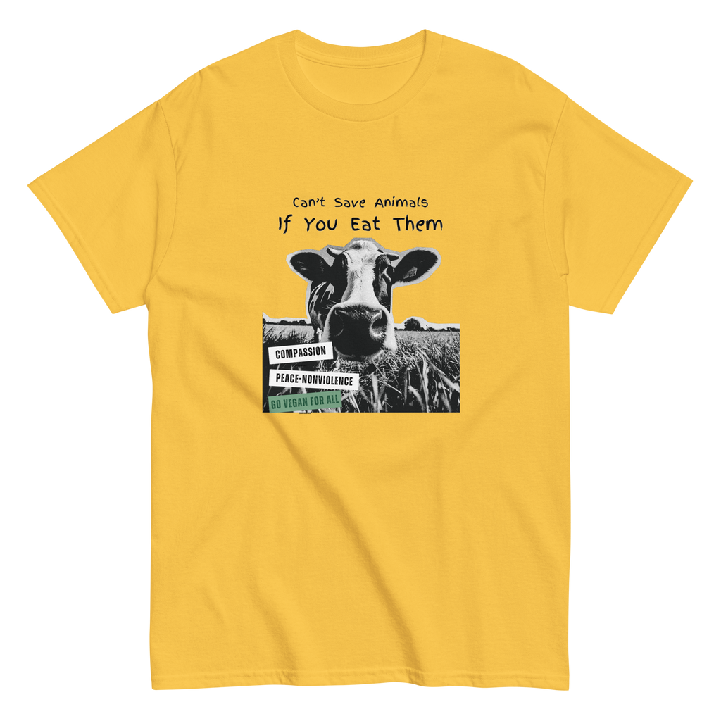 Daisy yellow unisex tee with halftone cow graphic and text Can't Save Animals If You Eat Them - vegan animal rights design by Ken Law Art