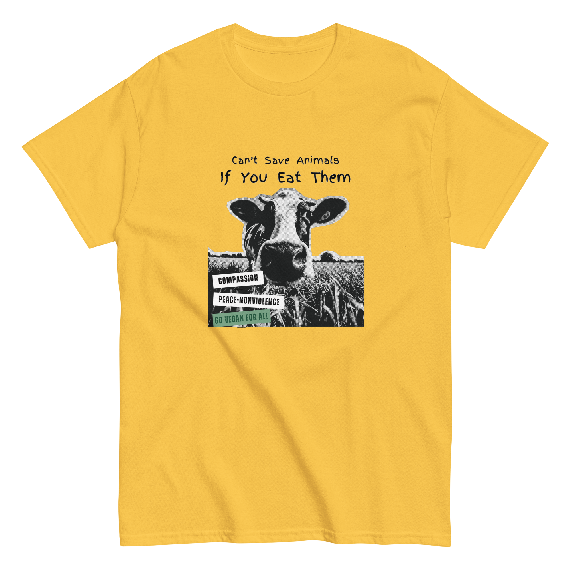 Daisy yellow unisex tee with halftone cow graphic and text Can't Save Animals If You Eat Them - vegan animal rights design by Ken Law Art