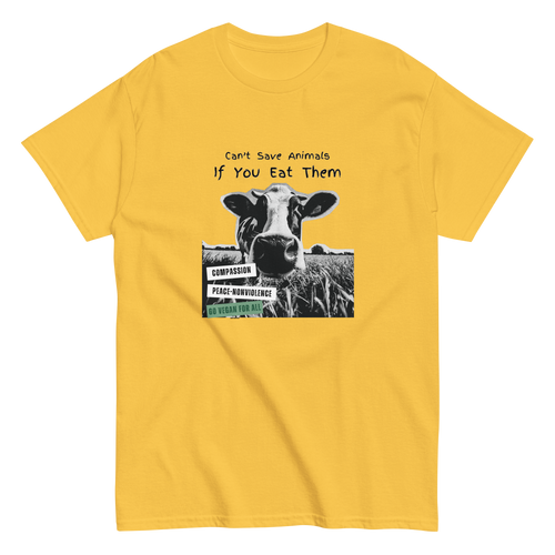 Daisy yellow unisex tee with halftone cow graphic and text Can't Save Animals If You Eat Them - vegan animal rights design by Ken Law Art
