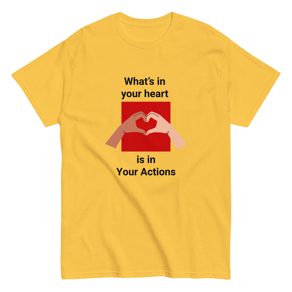 Flat lay of daisy yellow unisex tee with two hands forming a heart design - What's In Your Heart is in your actions by Ken Law Art