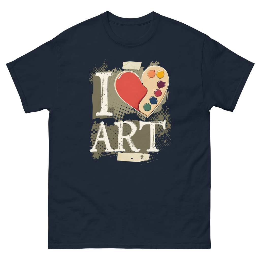 Navy unisex tee with heart-shaped artist's palette taped with masking tape graphic - I Love Art by Ken Law Art
