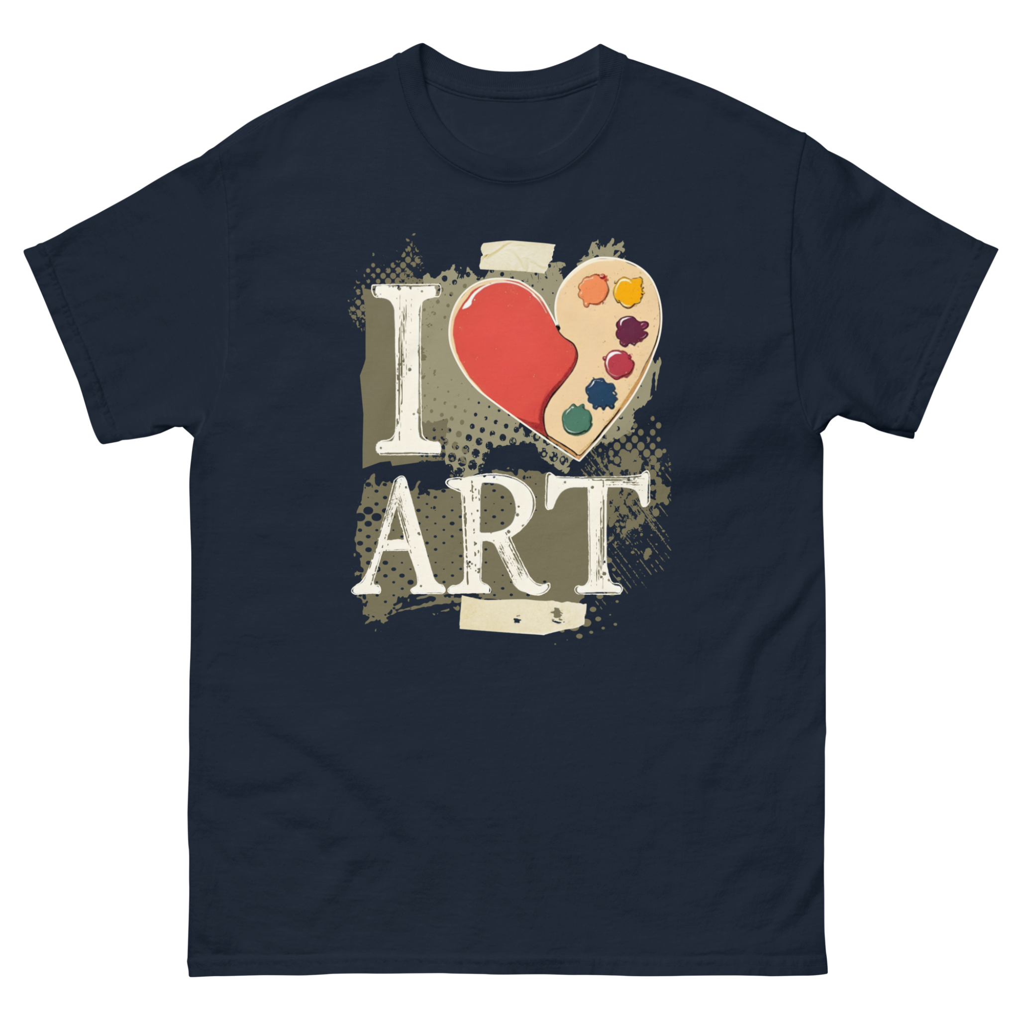 Navy unisex tee with heart-shaped artist's palette taped with masking tape graphic - I Love Art by Ken Law Art