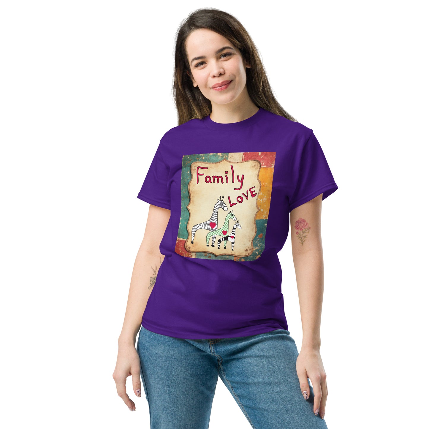 Woman wearing a purple t-shirt with a colorful graphic and text on a white background