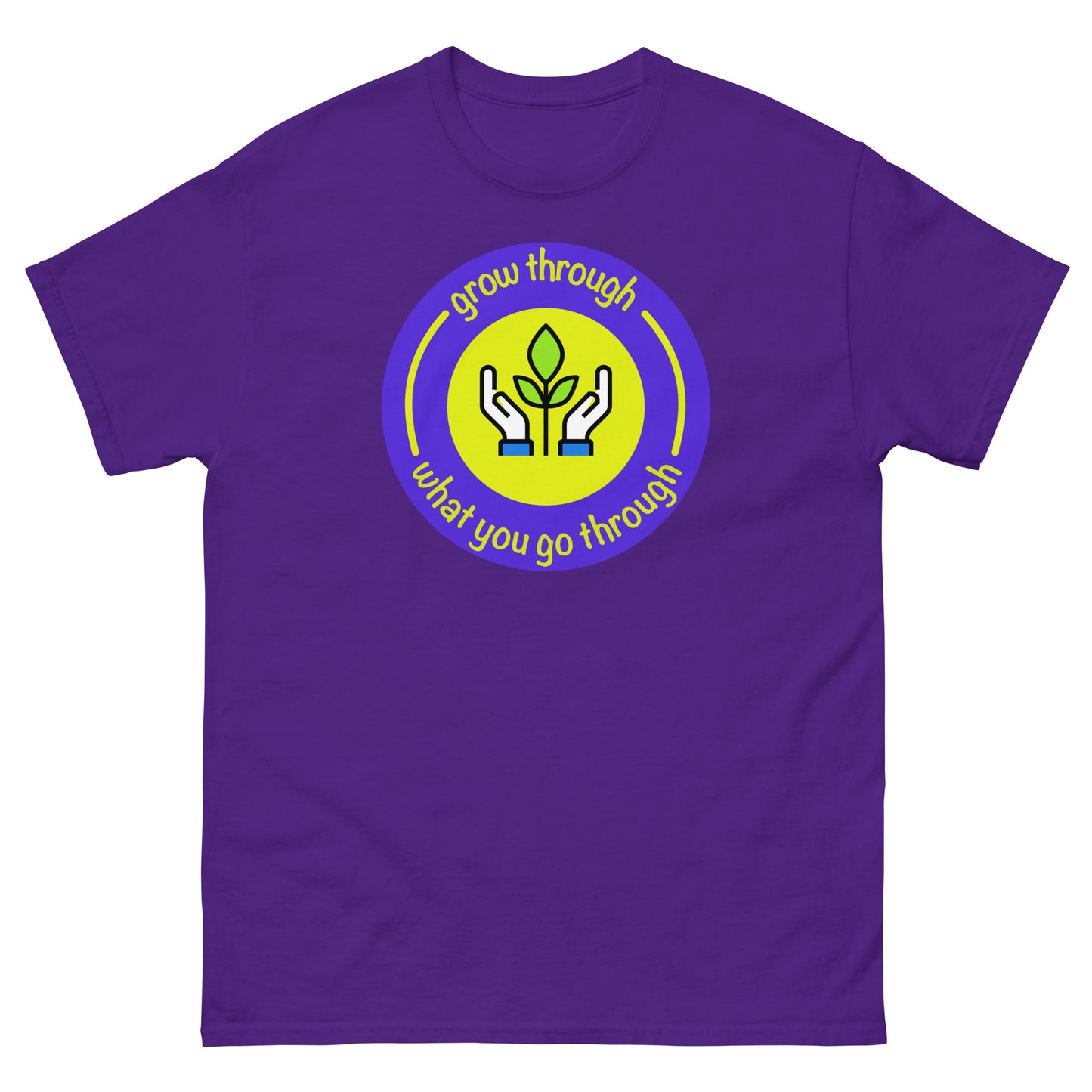 Purple t-shirt with a circular design featuring hands and text on a white background