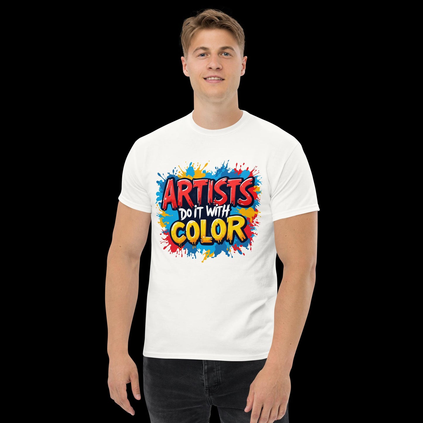 Person wearing a white t-shirt with colorful text design on a black background