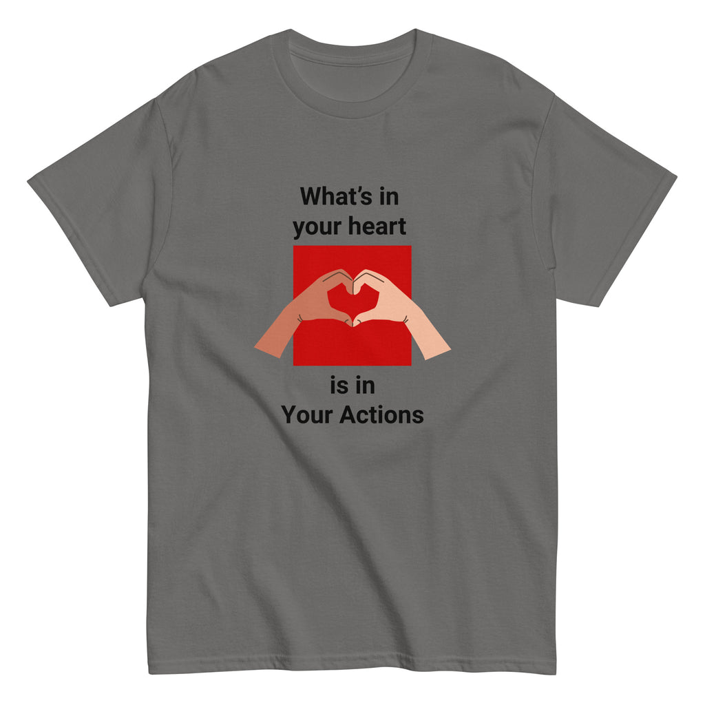 Flat lay of charcoal unisex tee with two hands forming a heart design - What's In Your Heart by Ken Law Art