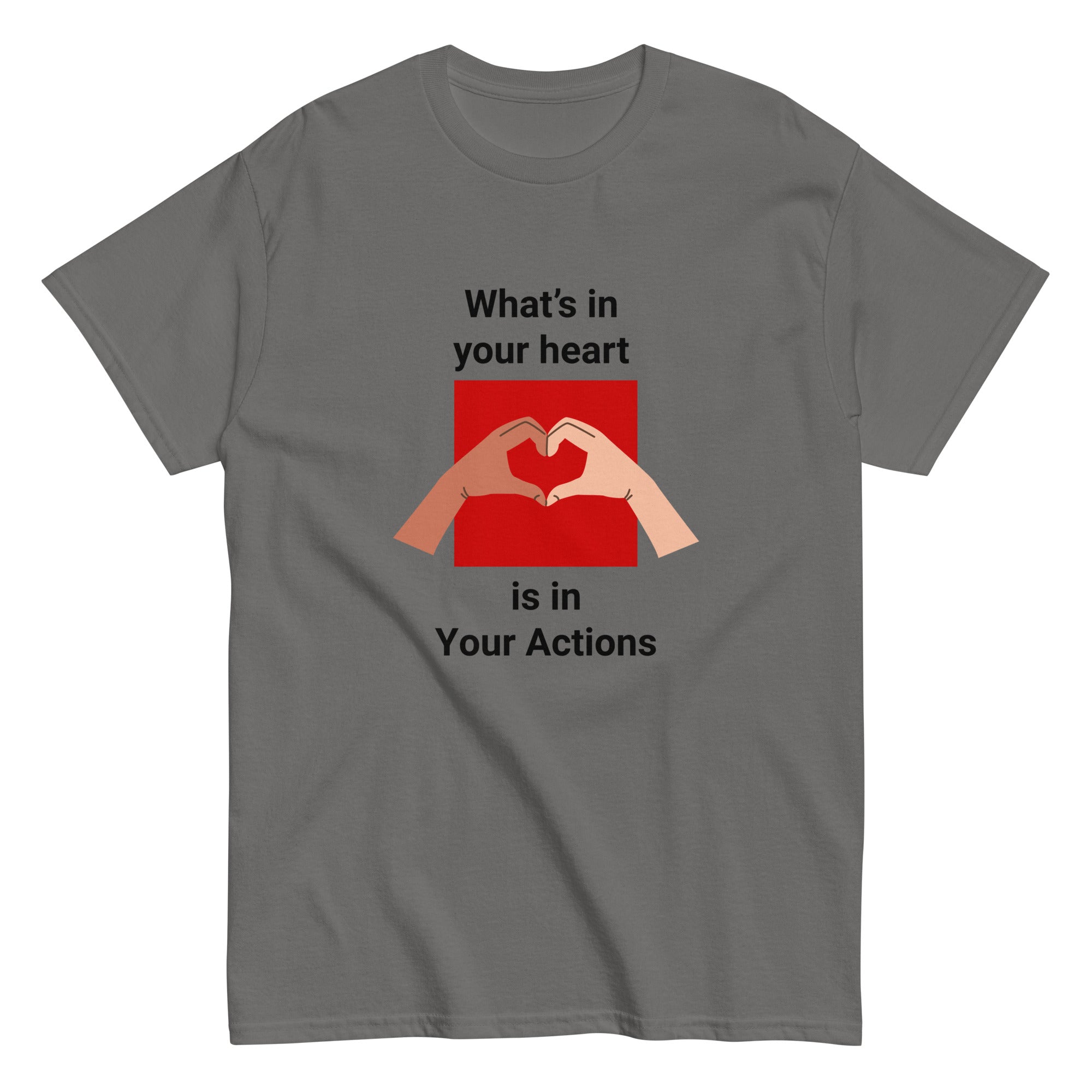 Flat lay of charcoal unisex tee with two hands forming a heart design - What's In Your Heart by Ken Law Art