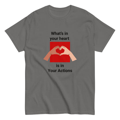Flat lay of charcoal unisex tee with two hands forming a heart design - What's In Your Heart by Ken Law Art