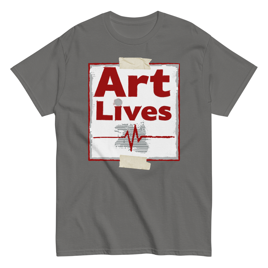 Flat lay of charcoal unisex t-shirt with cardiograph heartbeat design - Art Lives by Ken Law Art