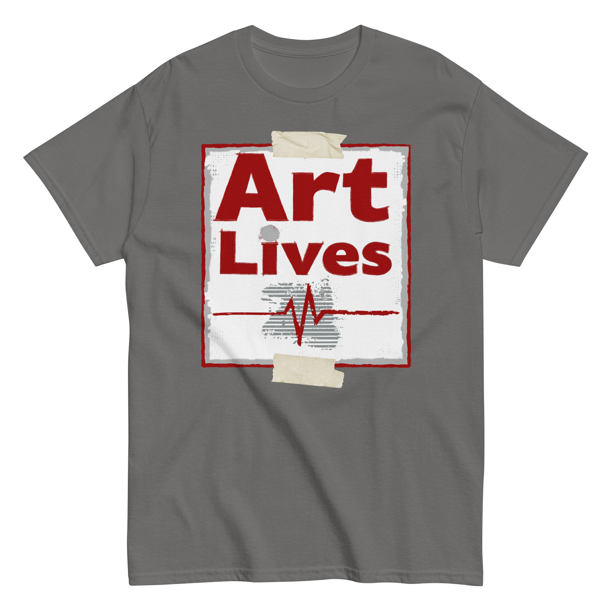 Flat lay of charcoal unisex t-shirt with cardiograph heartbeat design - Art Lives by Ken Law Art