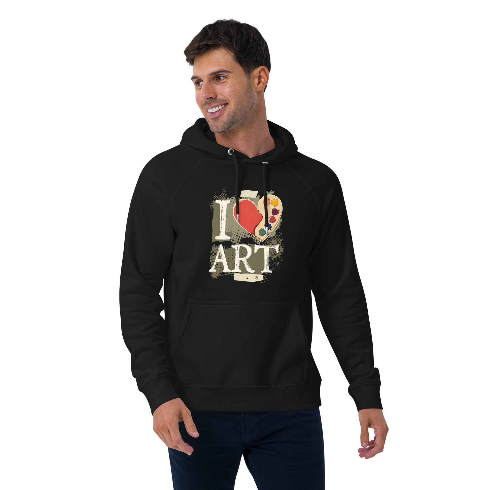 Man wearing a black hoodie with 'I ❤️ ART' design on a white background