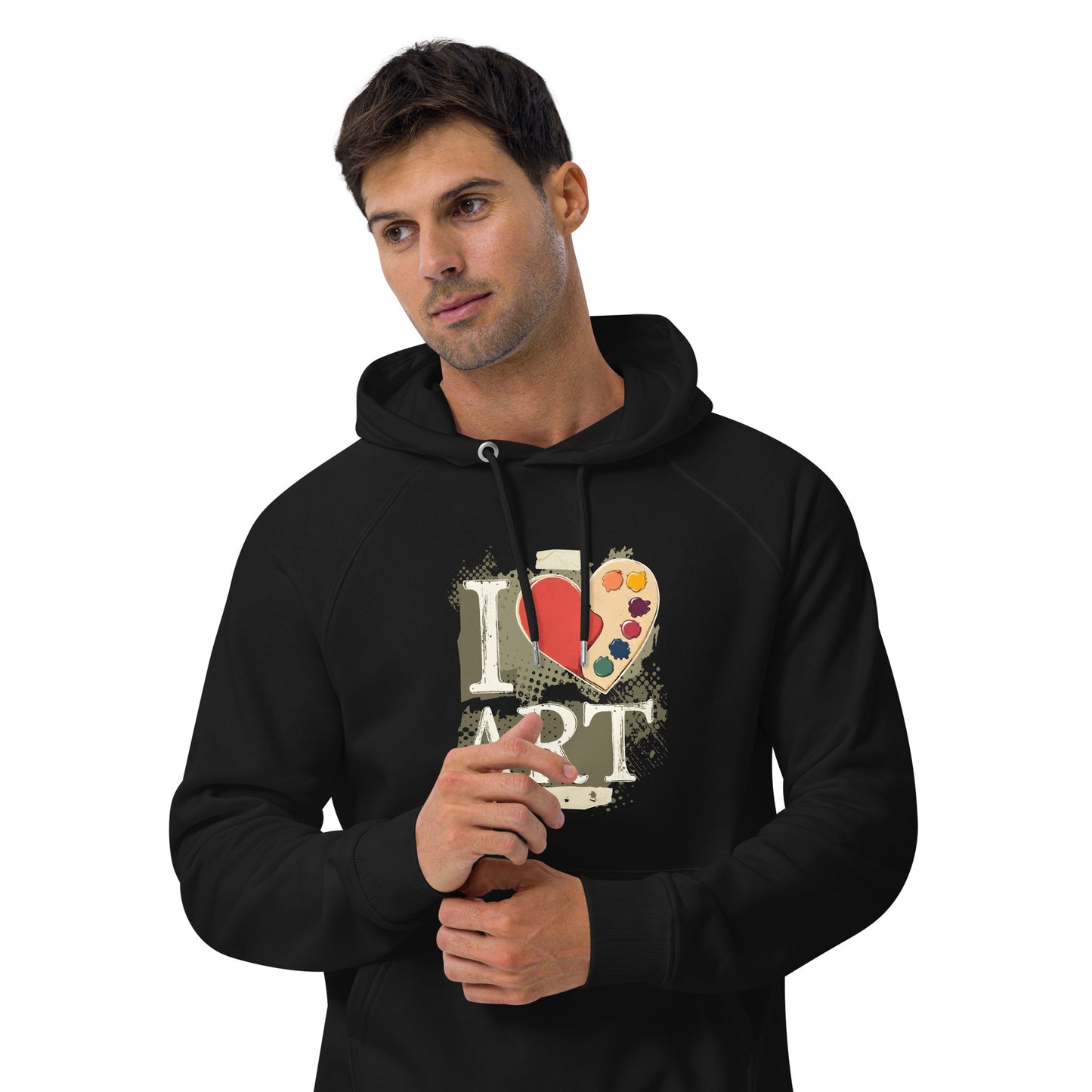 Man wearing a black hoodie with 'I ❤️ ART' design on a white background