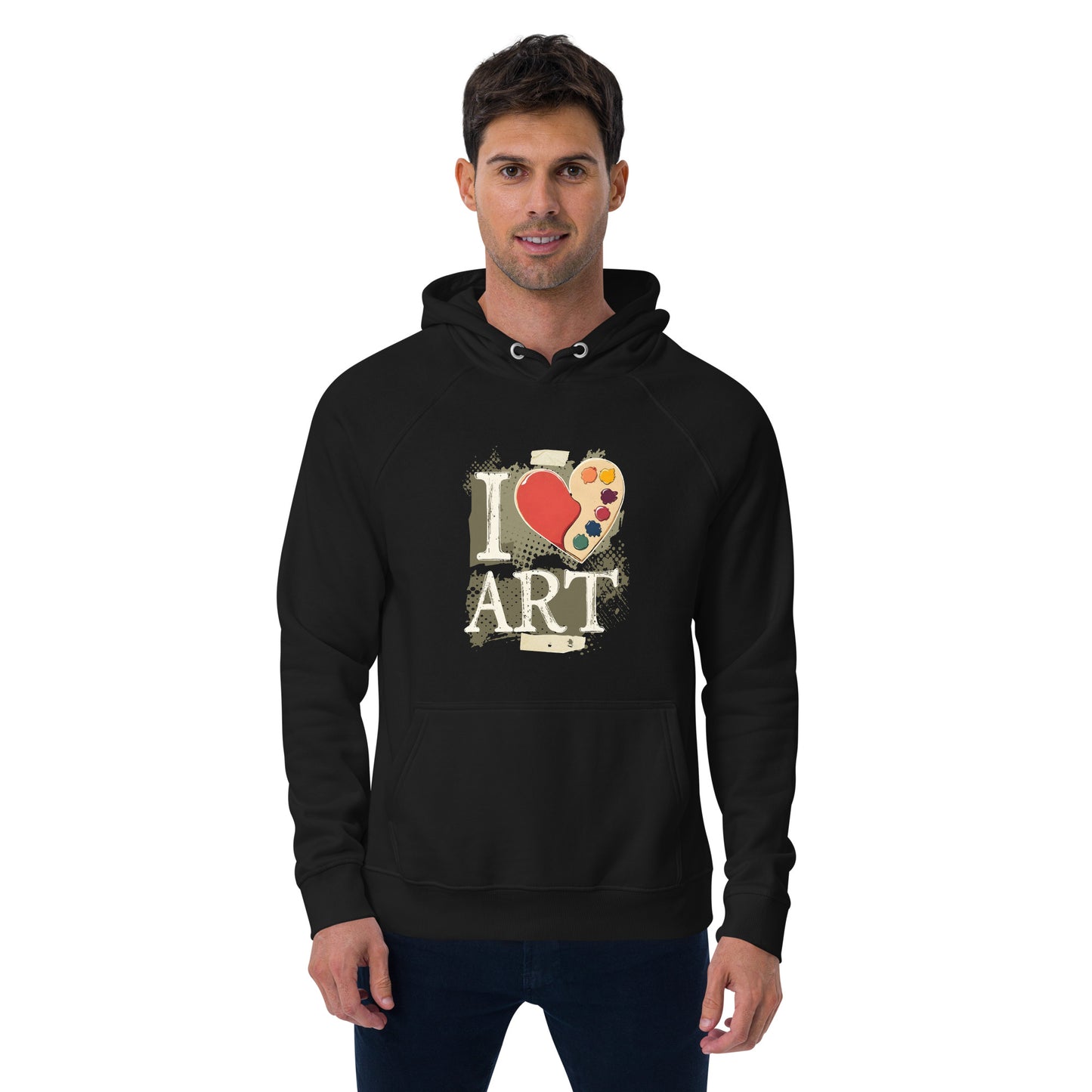 Man wearing a black hoodie with 'I love art' design on a white background