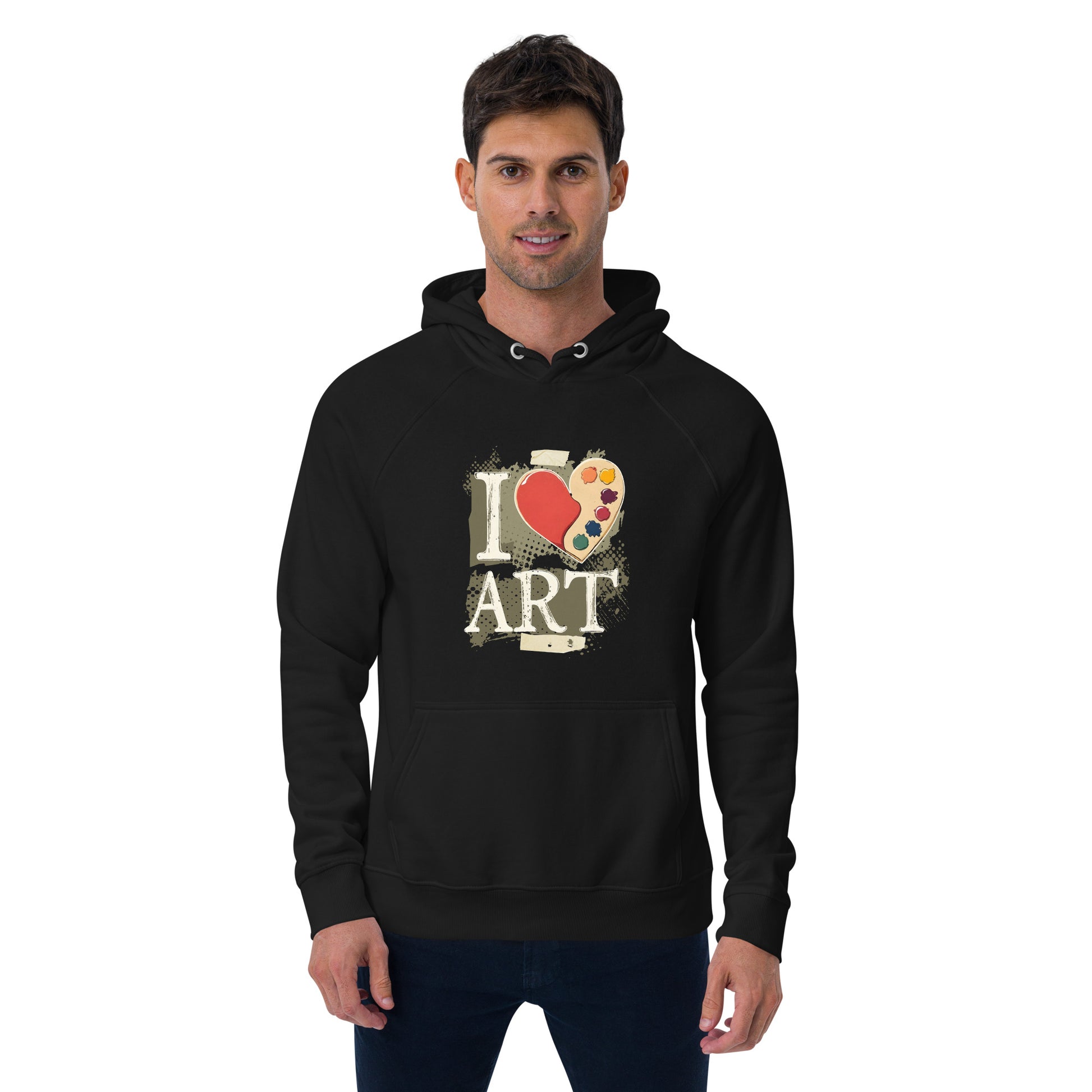 Man wearing a black hoodie with 'I love art' design on a white background