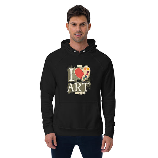 Man wearing a black hoodie with 'I love art' design on a white background