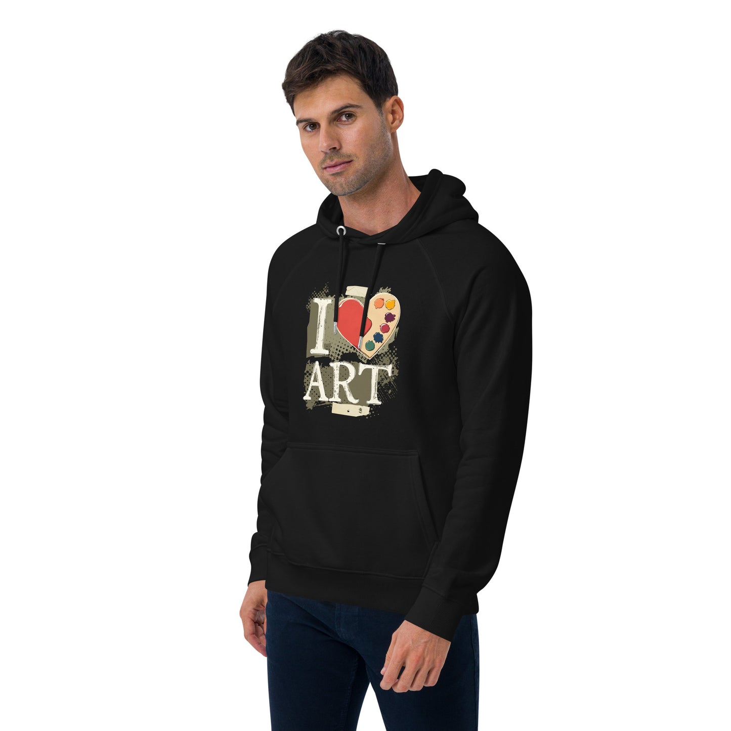 Man wearing a black hoodie with 'I Love Art' design on a white background