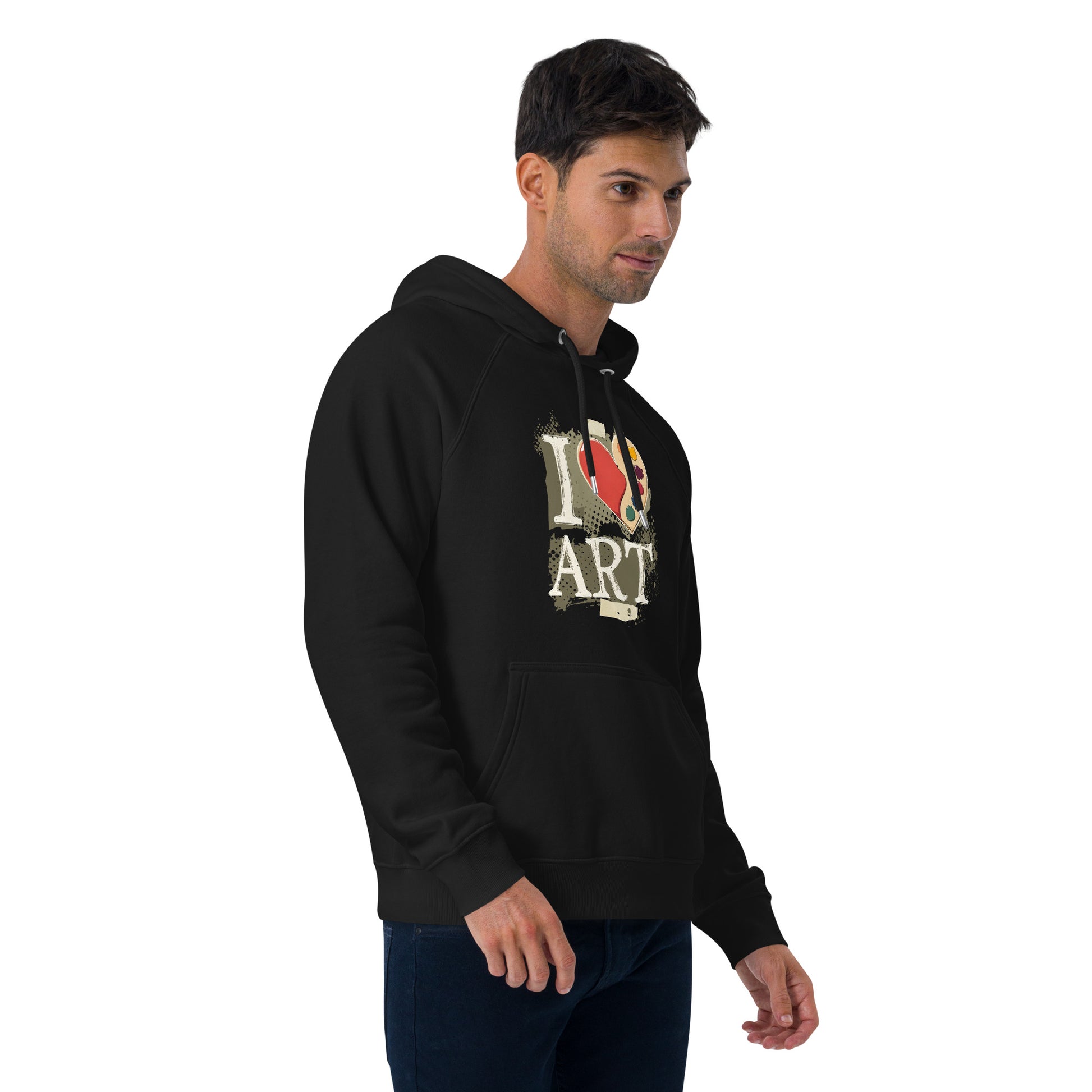 Man wearing a black hoodie with 'I Love Art' design on a white background