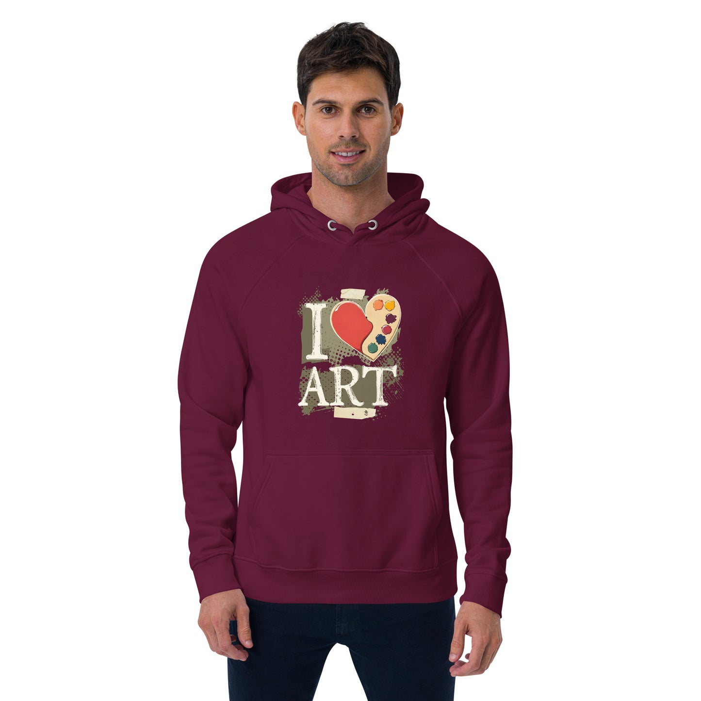 Man wearing a maroon hoodie with 'I love art' design on a white background