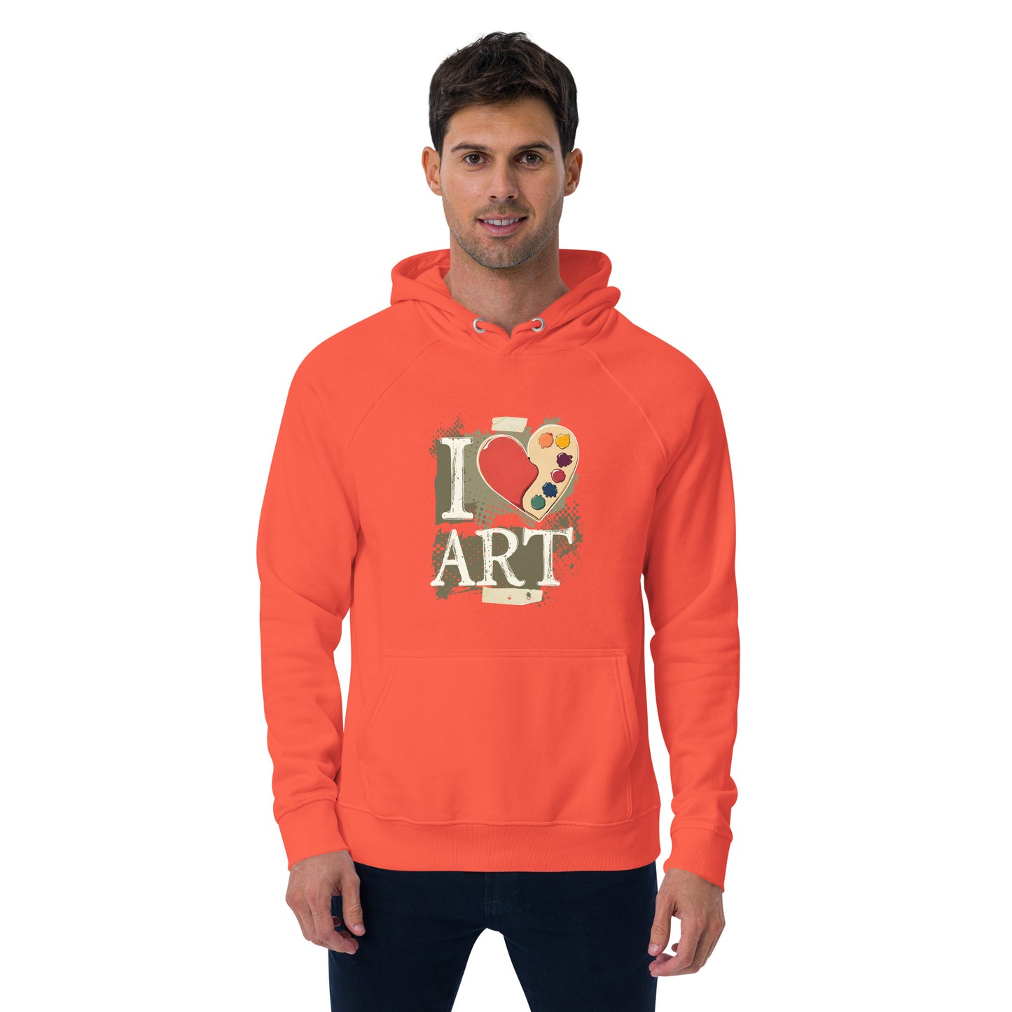 Man wearing an orange hoodie with 'I love art' design on a white background