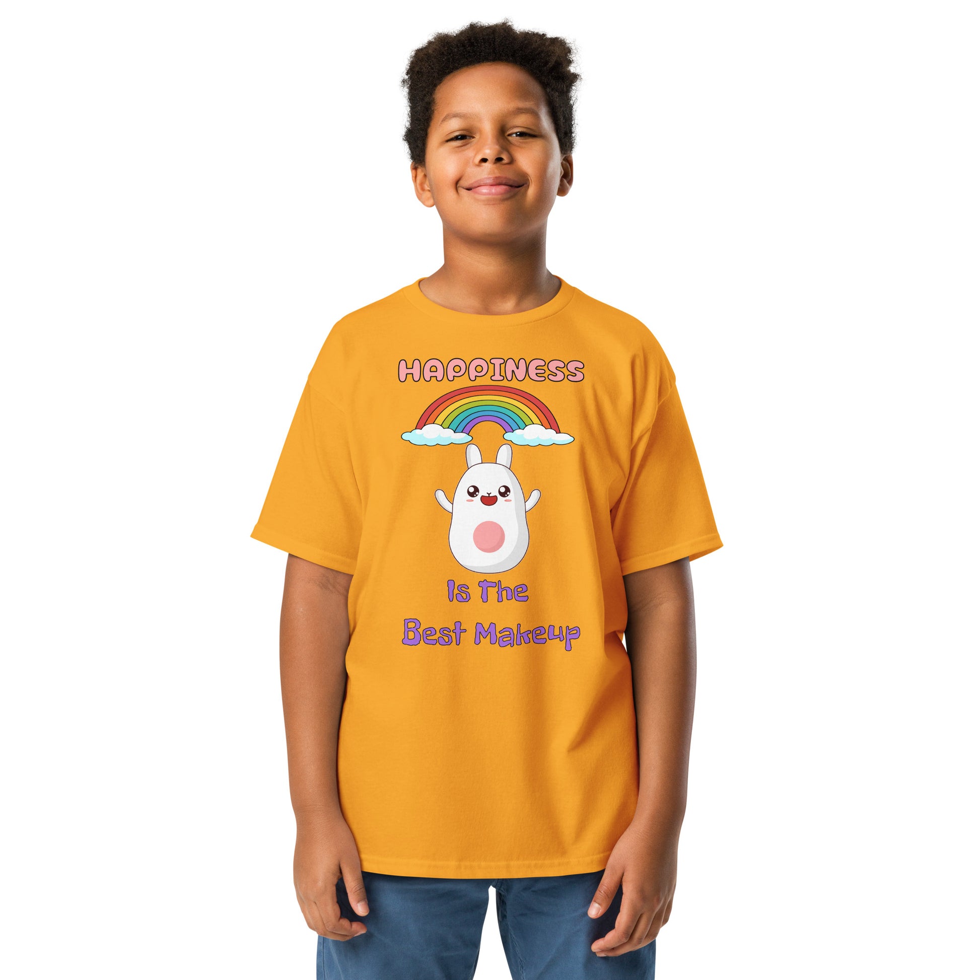 Child wearing a yellow t-shirt with a cartoon character and text on a white background