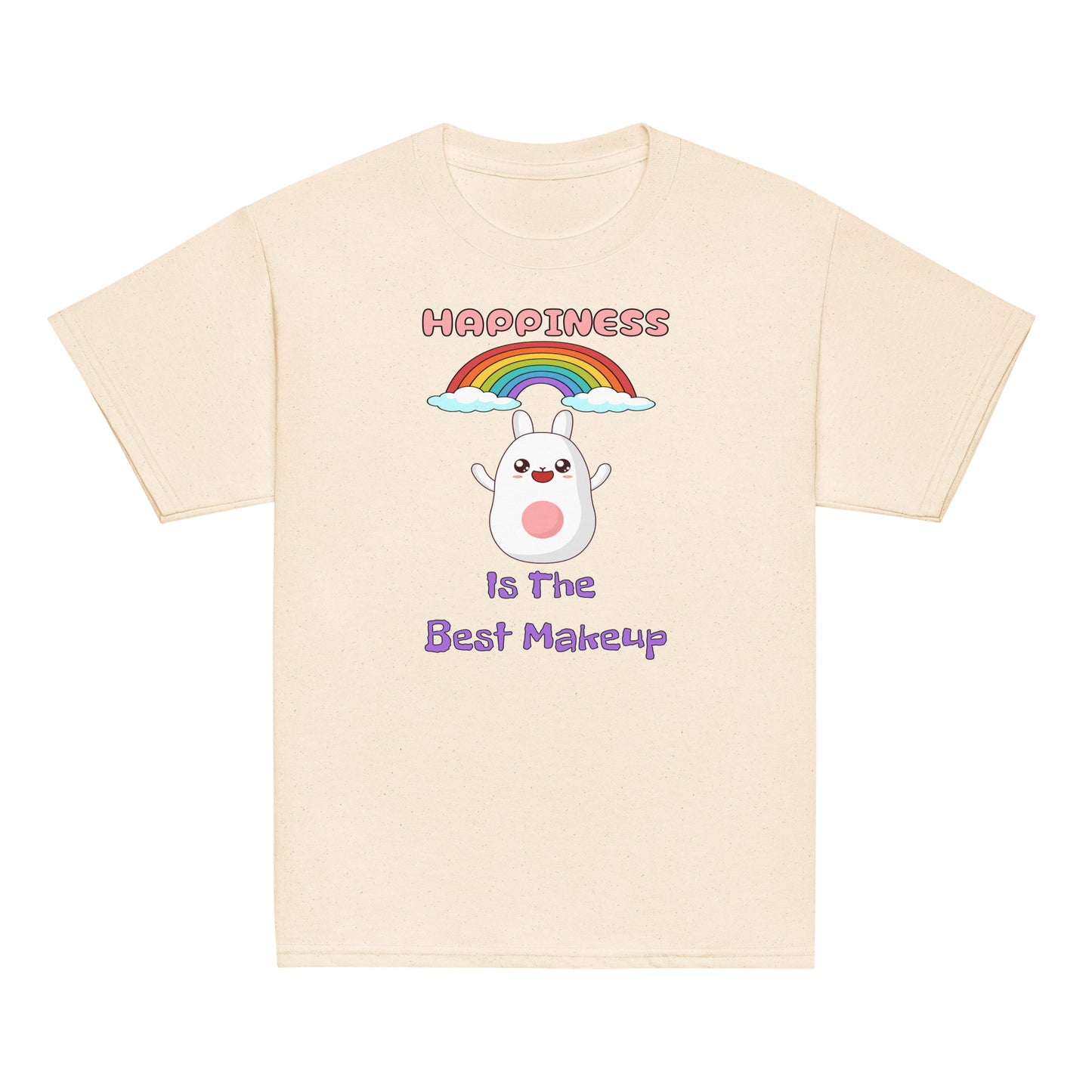 Beige t-shirt with a cartoon character and text on a white background