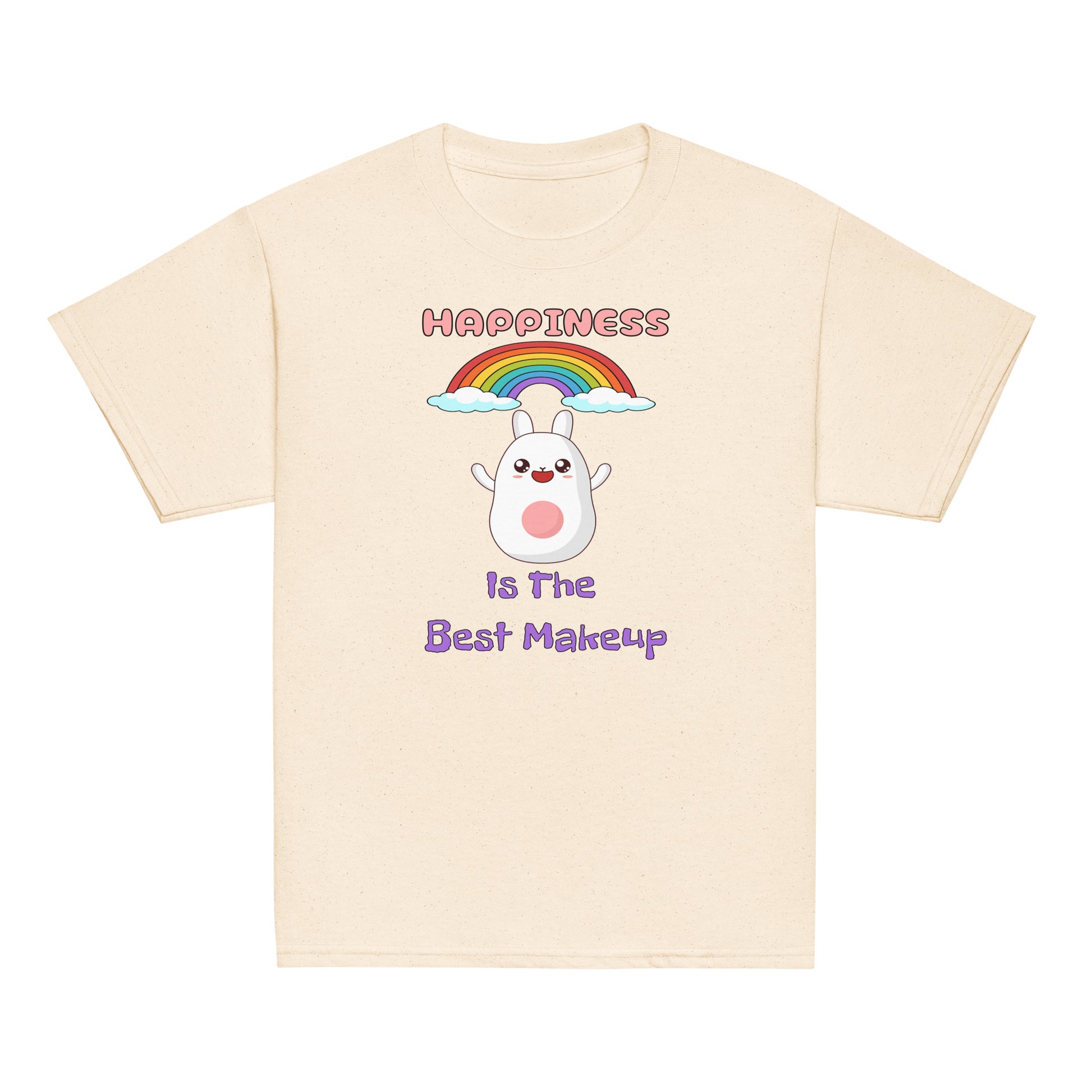 Beige t-shirt with a cartoon character and text on a white background